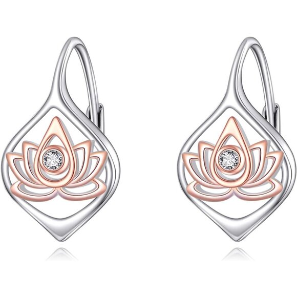 Women's Sterling Lotus Silver Gold Dangle Hoop Leverback Comfortable Earring - Picture 2 of 6